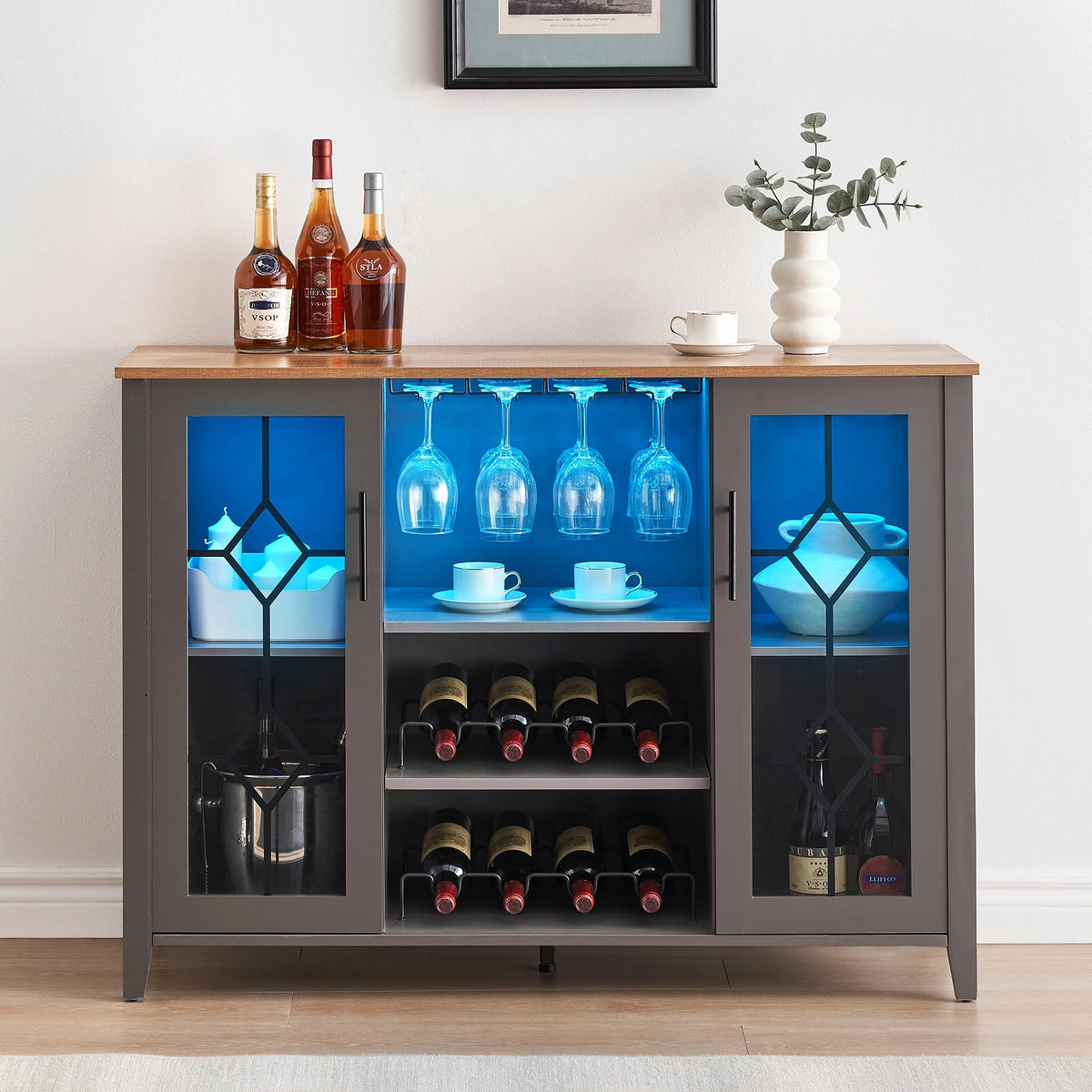 Faitaliicy Wine Bar Cabinet With Led Light Wine And Glass Rack Kitchen Buffet Sideboard Industry Coffee Bar Cabinet Freestanding Liquor Cabinet For Kitchen Dining Room Living Room