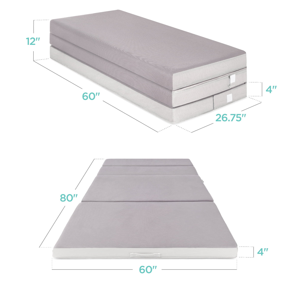 Best Choice Products 4in Thick Folding Portable Twin Tri-Fold Mattress w/ Carry Case, Washable Cover - Gray