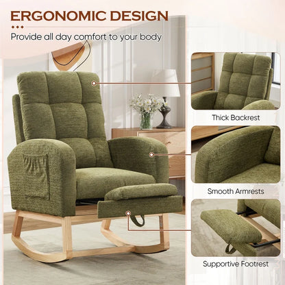 FFH Rocking Chair Nursery, Tufted Accent Rocker Chair, Upholstered Armchair with Adjustable Footrest, Side Pocket, High Backrest, Padded Seat, Polyester Blend (Retro, Dark Gray)