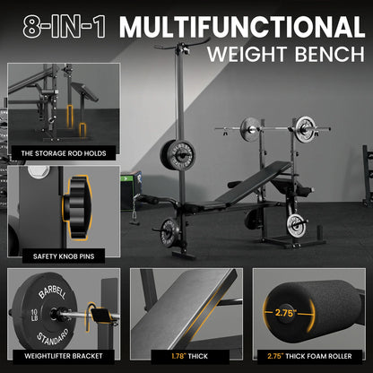 Mikolo Adjustable Weight Bench 800lbs 6 in 1 with Lat Pull Down, Leg Extension and Leg Curl, Chest Fly and Preacher Curl Workout Bench Multi-Function Strength Training Bench Press Exercise Equipment