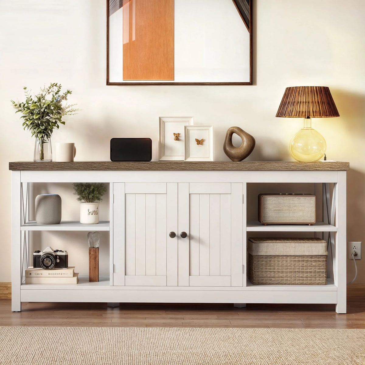 Dextrus White TV Stand up to 65 Inches w/Power Outlets, Farmhouse Entertainment Center Cabinet with Storage for Living Room