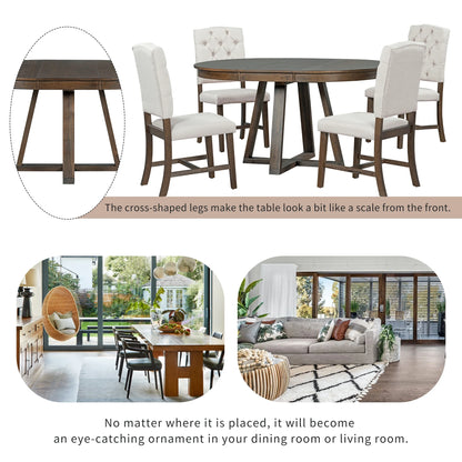 Harper & Bright Designs Round Extendable Dining Table Set for 4, 5 Piece Farmhouse Wood Dining Table Set with 4 Upholstered Dining Chairs, Natural Wood Wash