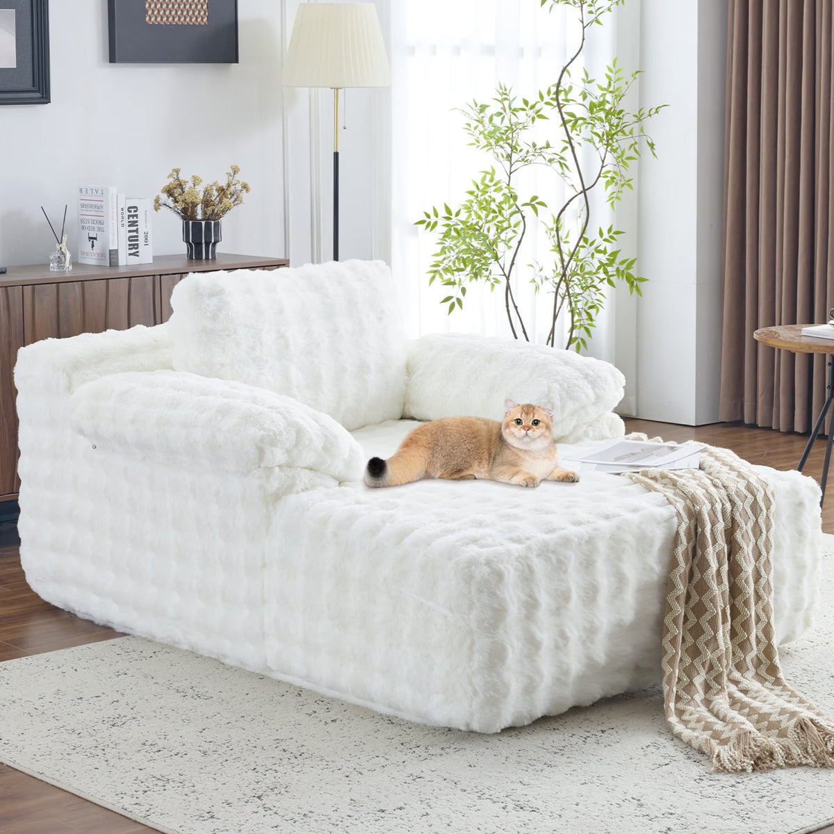Ktaxon 68" Lounge Chair, Bubble Fleece Fabric Sofa Bed, Boneless Sleeper Chaise with Removable Backrest & Pillow-Top Armrests for Living Room White