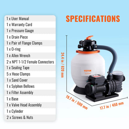 VEVOR Sand Filter Pump for Above Ground Pools,14-inch, 3000 GPH, 3/4 HP Swimming Pool Pumps System & Filters Combo Set with 6-Way Multi-Port Valve & Strainer Basket,for Domestic and Commercial Pools