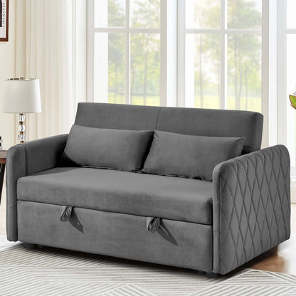 Momspeace 55" Modern Velvet Pull Out Sofa Bed Loveseat Lounge Chaise,Sleeper Sofa Bed with Adjustable Backrest 2 Detachable Arm Pockets - Gray