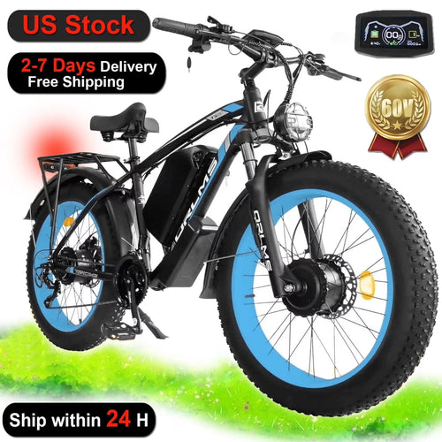 60V 25AH Battery Electric Bike for Adults,5000W Peak Dual Motor Ebike,AWD 21-Speed 50MPH Mountain Snow E-Bike with 26" x 4.0 Fat Tire, Long Range Mountain Dirt Bike for Off-Road Snow Sand