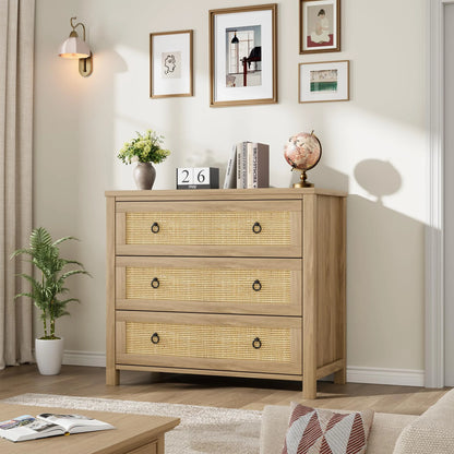 Yeshouse Boho 6-Drawer Dresser with Rattan Accents, Modern Chest of Drawers with Ring Handles & Deep Storage for Bedroom, Living Room