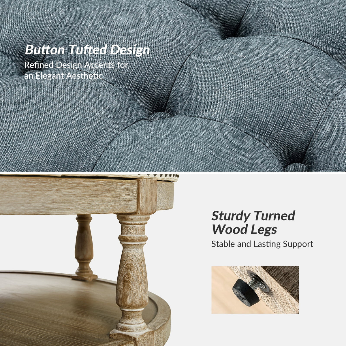 36'' Wide Blue Round Large Ottoman Tufted Coffee Table with Storage Wood Legs Home Living Room