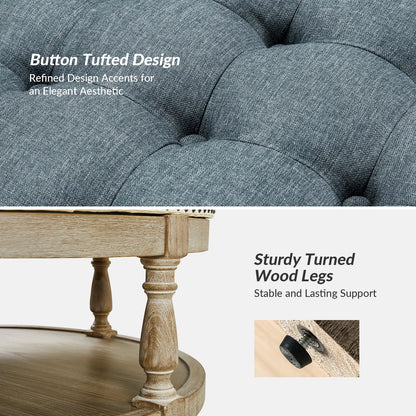 36'' Wide Blue Round Large Ottoman Tufted Coffee Table with Storage Wood Legs Home Living Room