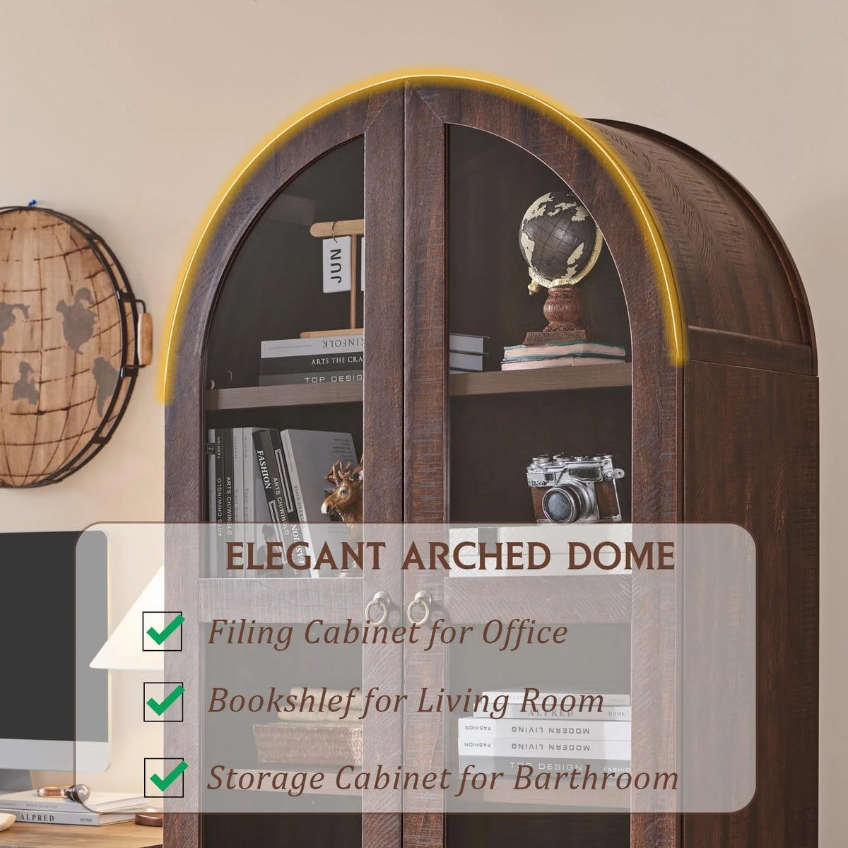 IFGET 71-Inch Arched 4-Tier Bookcase with Glass Doors and Drawers