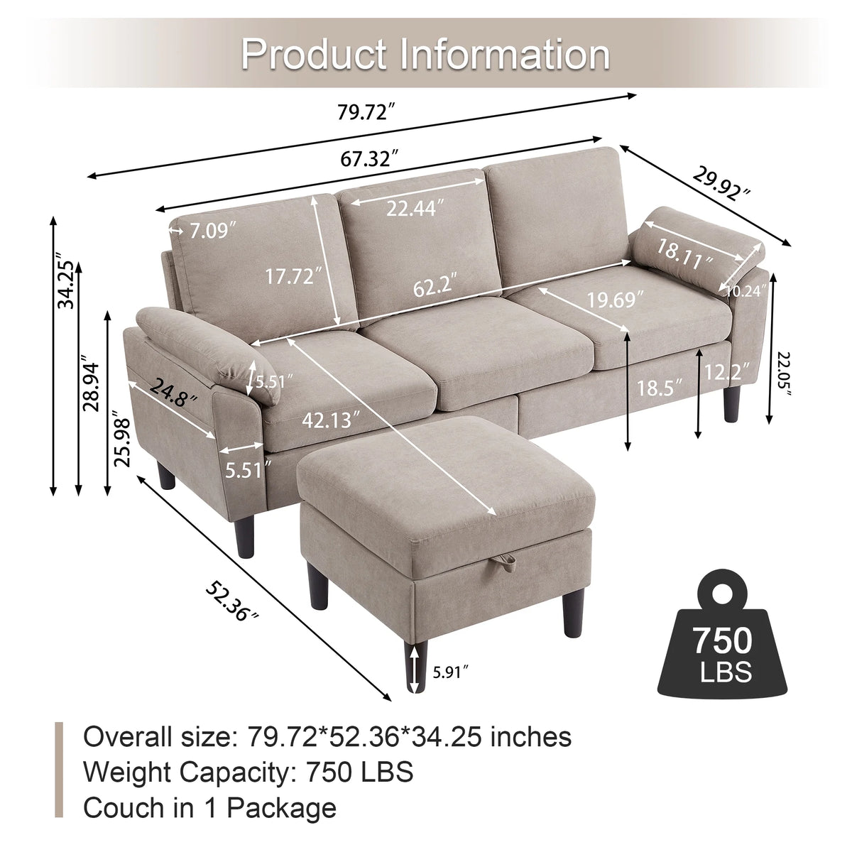 Pingliang Home Sectional Sofa Couch with Storage Ottoman,Modern 3 Seat L Shaped Sofa Couch for Living Room Apartment Studio Office