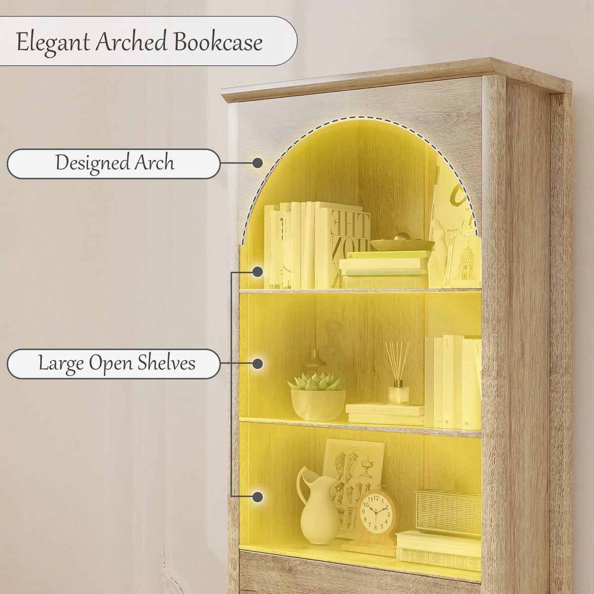 Arched Bookcase, Oak Arched Cabinet with Drawers, 71" Tall China Curio Cabinet, Display Cases for Collectibles, Vintage Bookshelf for Ding Room, Bedroom, Living Room