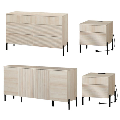 4 Pcs Bedroom Set,6 Drawer Dresser And Nightstand Sets For Bedroom,Night Stand Set Of 2, Modern Accent Cabinet With Hidden Handles, Reed Pattern & Double Chopsticks Legs
