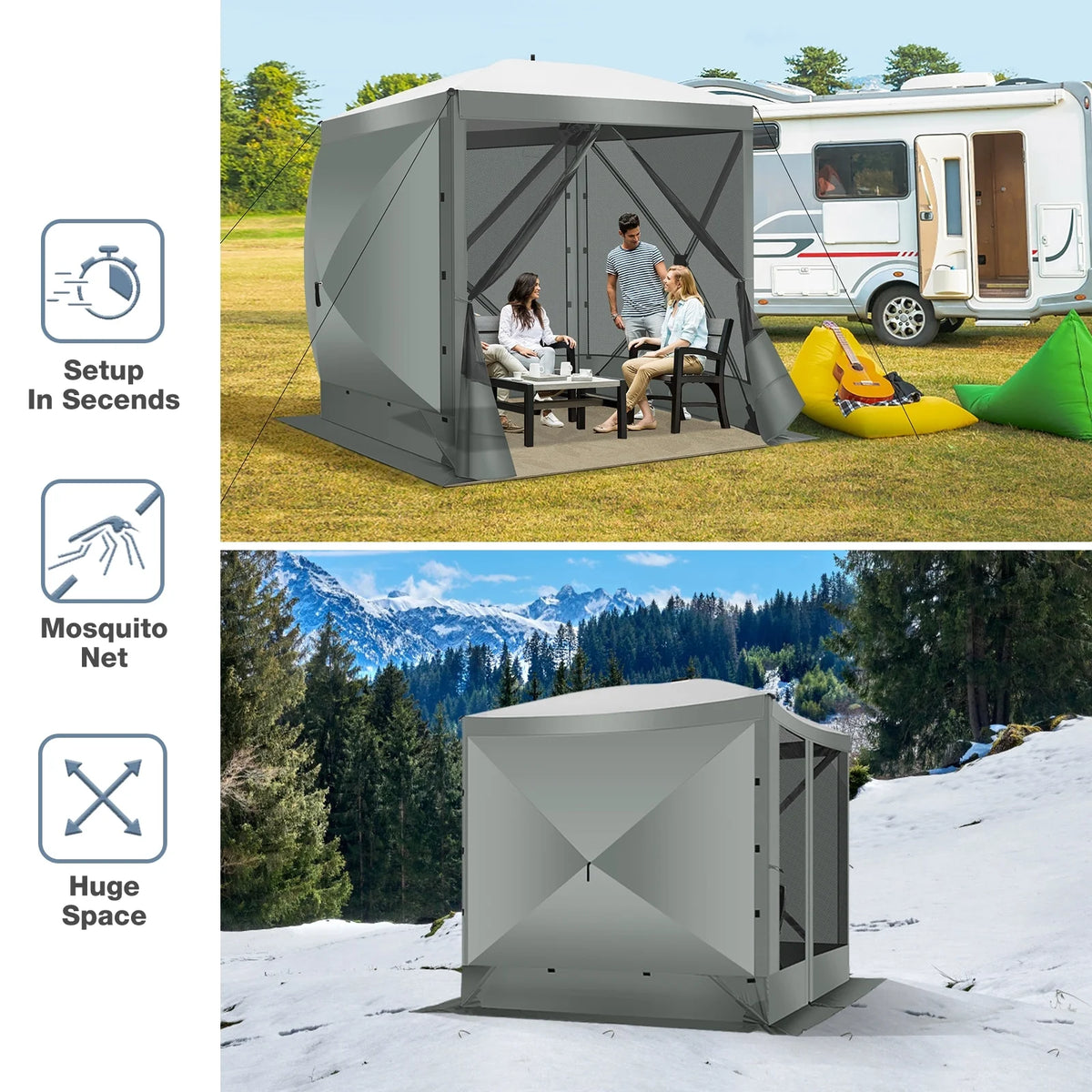 COBIZI 8x8 Pop up Gazebo Tent, Ez up Waterproof Screen Tent Screen House, Portable Outdoor Canopy Sun Shelter with 3 Sidewalls, Carry Bag & Ground Stakes for Camping, Garden and Picnics, Gray