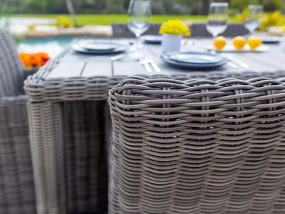 Malmo 18-Piece Resin Wicker Outdoor Patio Furniture Combination Set in Gray w/Sectional Set, Eight-seat Dining Set, and Chaise Lounge Set (Full-Round Gray Wicker, Polyester Light Gray)
