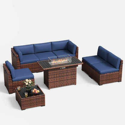 MRUAKA 8 Pieces Patio Furniture Set with Fire Pit Table, Outdoor Furniture Sectional Rattan Sofa with Slanted Back, Patio Couch with Glass Coffee Table for Backyard Garden (Dark Grey)
