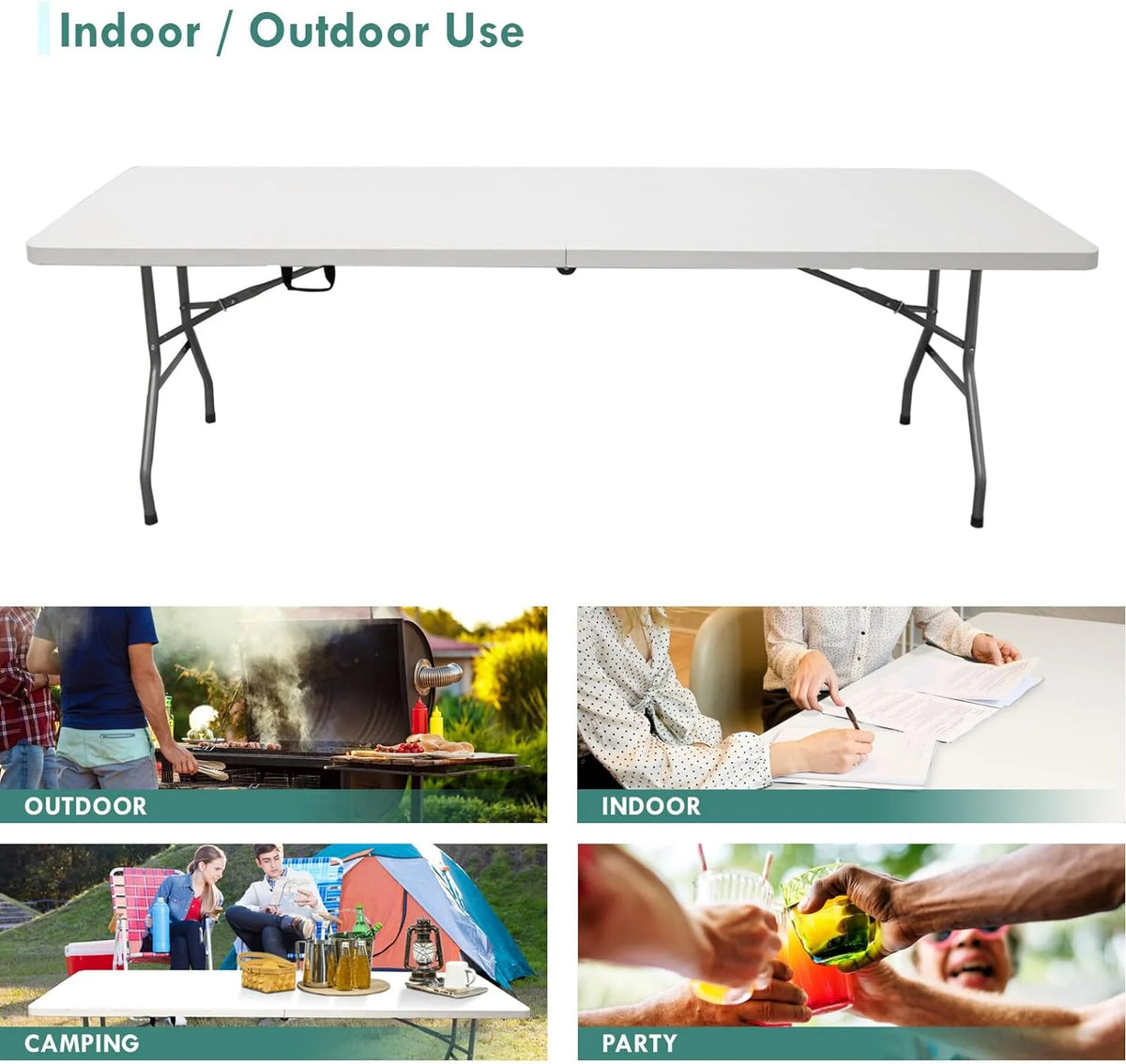 AJP Distributors 6 Foot Portable Plastic Folding Table 6FT 72" Half Foldable Heavy Duty Top w/Carry Handle - Indoor Outdoor Camping Picnic Party Wedding Dining Office Event Meeting Black Wood Style