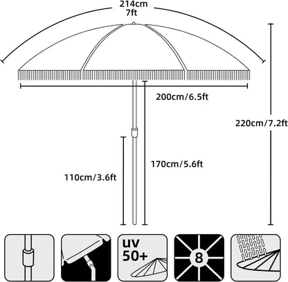 7ft Patio Umbrella with Fringe Outdoor Tassel Umbrella UPF50+ Premium Steel Pole and Ribs Push Button Tilt, Riviera Pink Stripe