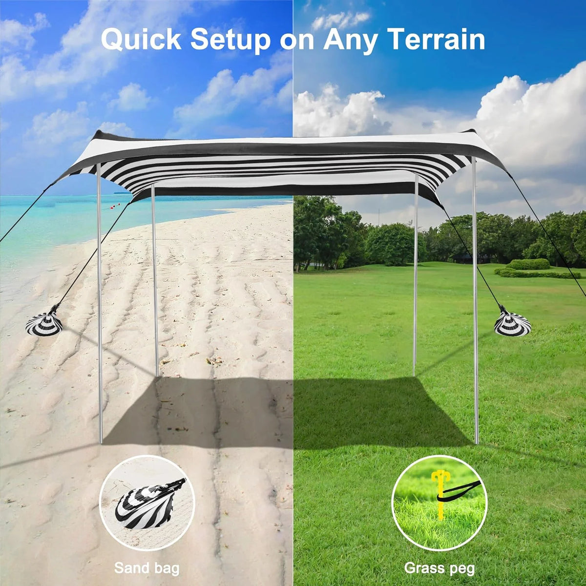 Beach Tent, UPF 50+ Beach Canopy Sun Shade, Portable 10×10 FT Large Pop-Up Beach Tent Sun Shelter with Sand Anchors, Ground Pegs, Easy Setup for Beach, Camping, Park, and Backyard Fun