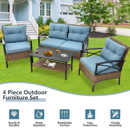 Patio Sofa Set, 4 Pieces Outdoor Sectional Furniture, All-Weather PE Rattan Wicker Patio Conversation Set, Cushioned Sofa Set with Coffee Table for Patio Garden Poolside Deck