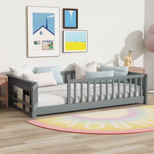 Bellemave Twin Size Floor Bed with Fence, Montessori Floor Twin Bed with Built-in Book Rack, Solid Wood Twin Bed with Slats and Safety Guardrails, Natural