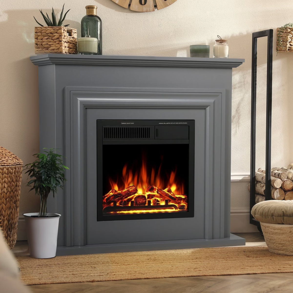 KISSAIR Electric Fireplace Mantel Wooden Surround Firebox, Free Standing Fireplace, with Remote Control, Adjustable LED Flame, 750W/1500W -White