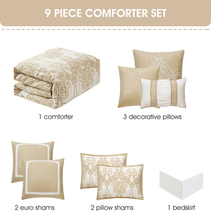 Lanco Smoke Grey Comforter Set California King Size, 9 Piece Jacquard Floral Bedding Set, All Season, Ultra-Soft, Matching Pillows & Shams, Bed Skirt
