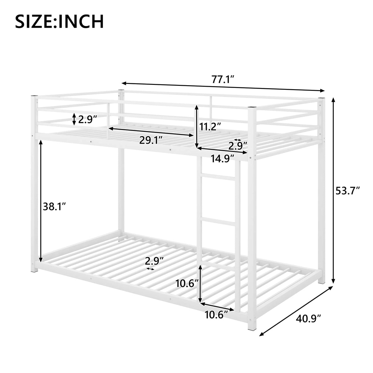 Twin Over Twin Metal Bunk Bed, Low Twin Bunk Bed With Safety Guardrail and Ladder,No Box Spring Needed,Steel Bunk Bed Platform Suitable for Girls Boys Teens, White