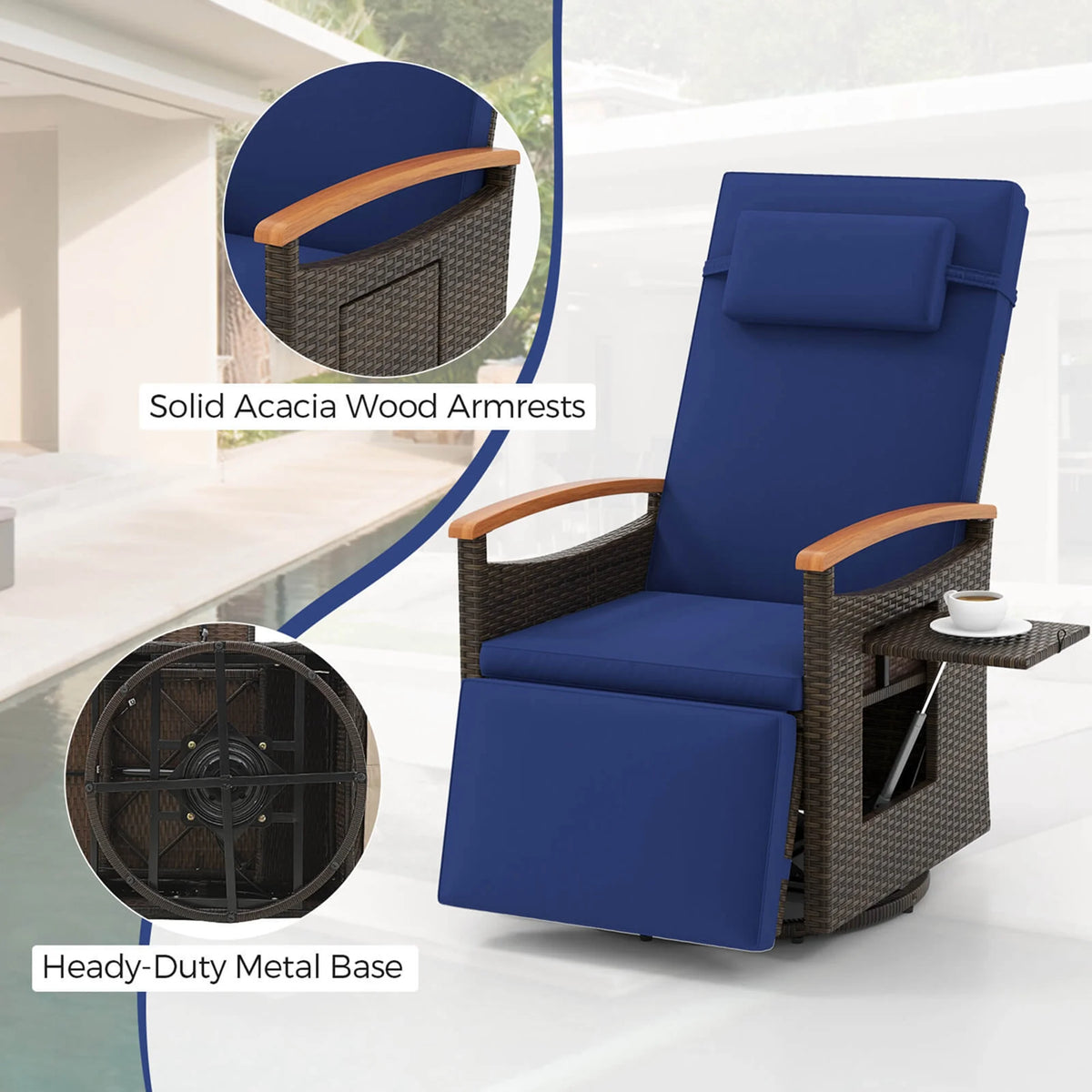 Costway Outdoor 360�� Swivel Rattan Recliner Chair Patio Wicker Chaise Lounge Chair Beige