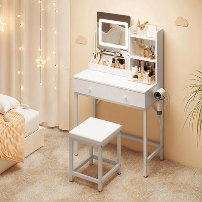 Makeup Vanity Desk with Mirror and Lights, 43.5�� Vanity Table with 5 Drawers & Storage Shelves, White