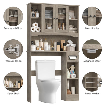 Homfa Over The Toilet Storage Cabinet with Toilet Paper Holder Stand, Above Toilet Organizer with Glass Doors, Behind Toilet Shelf for Restroom, Bathroom, Laundry, White
