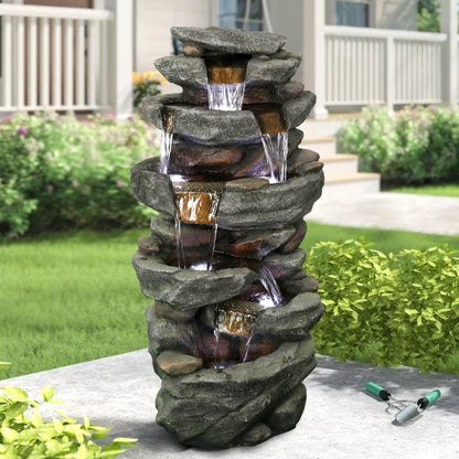6-tier Outdoor Water Fountain w/LED Light Waterfall Fountain for Patio