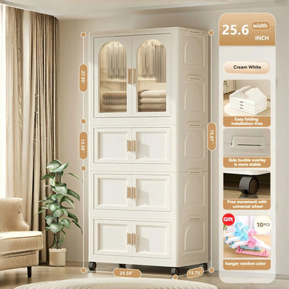 PORKISS Portable Wardrobe Closet, Folding Bedroom Armoire with Wheels, Plastic Storage Basket Can be Freely Combined (1 Layer of Wardrobe + 2 Layers of Folding Boxes+10 Hangers), Cream White-57.09"H