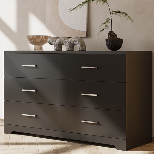Ktaxon Bedroom Dresser with 6 Drawers, Wooden Double Dresser for Entryway, Wide Storage Cabinet for Living Room, Black