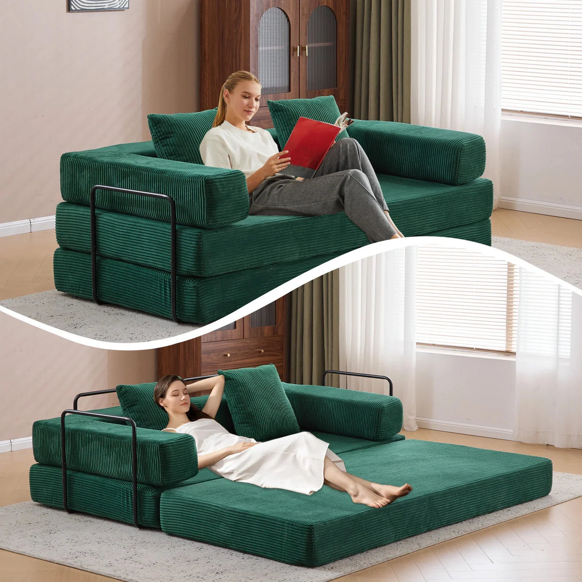 Taicans ?Convertible Floor Sofa Bed - 3 Seats Foldable Corduroy Futon Couch w/Pillow Support,Space-Saving Guest Bed for Living Room,Dorm,No Assembly Compressible Foam Mattress (Gray,76.7Inch L)