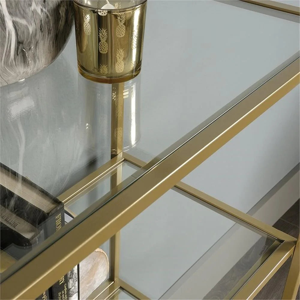 Pemberly Row 5-Shelf Modern Metal Bookcase in Gold Satin/Faux Deco Stone