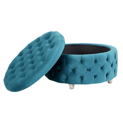 WestinTrends Wordford Round Velvet Tufted Storage Ottoman, Velvet Navy Blue