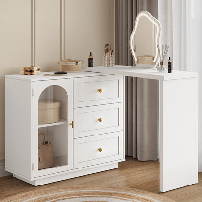 CozyHome 59�� Extendable Corner Vanity Desk with Rotatable Tabletop, Large White Makeup Vanity Table for Women Girl, 3 Drawer & 1 Door, Wood Vanity Dresser for Apartment, Dorm, Study Room, Home Office