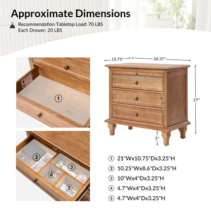 Farmhouse 3 Drawers Nightstand with Tray Bedside Table with Charging Station Acorn