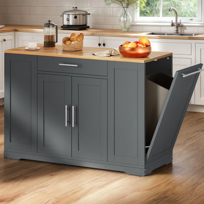 DWVO Kitchen Storage Cart with Trash Can Storage Cabinet, Rolling Kitchen Island with Wheels and Drawers for 13-Gallon Trash Bin, Gray