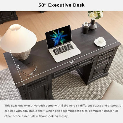 T4TREAM Farmhouse Wood 58" Executive Desk, Home Office 30" High Computer Desk with Drawers and Storage Cabinet, White
