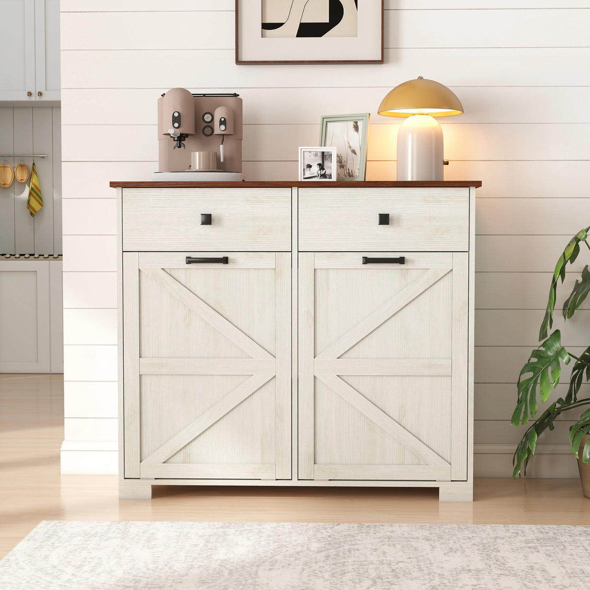 TrumanPick 61"H Large Buffet Sideboard Cabinet, TV Cabinet, Kitchen Pantry for Dining Room, Living Room, 61.3''L x 15''W x 29.8''H, White/Walnut