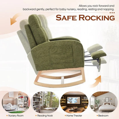 FFH Rocking Chair Nursery, Tufted Accent Rocker Chair, Upholstered Armchair with Adjustable Footrest, Side Pocket, High Backrest, Padded Seat, Polyester Blend (Retro, Dark Gray)