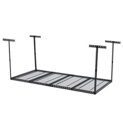 Overhead Garage Storage Rack - Heavy Duty 300kg Capacity, Adjustable 56-100cm Height, 180x120cm Black Steel Shelving with Hooks for Garage Organization