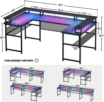Homieasy U Shaped Desk with Power Outlet, 83 inch Reversible L-Shaped Gaming Desk with Monitor Stand and LED Strips, 2 Person Corner computer Desk with Storage Shelf for Home Office, Black