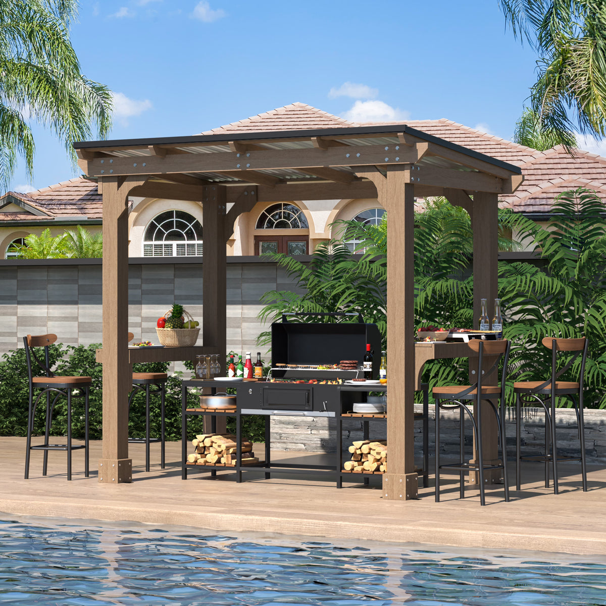 VEIKOUS 8' x 5' Outdoor Hardtop Gazebo, BBQ Grill Gazebo w/ Workstation Shelves for Lawn, Garden, Deck