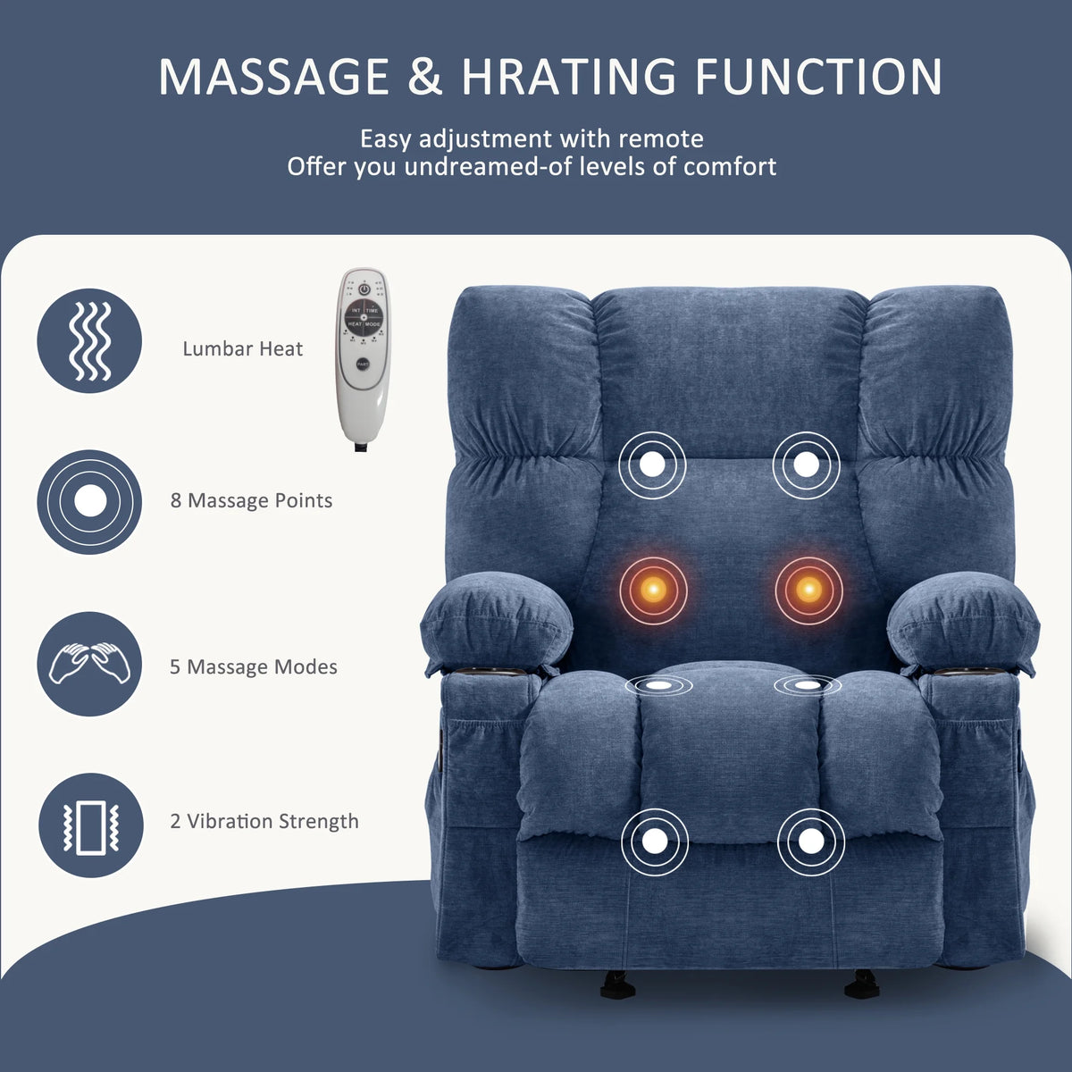 JONPONY Manual Recliner Chair with Heat Therapy and Massage Function, Heavy Duty Reclining Mechanism Massage Chair, Elderly Single Rocker Sofa with Cup Holders for Bedroom Home Theater,Grey