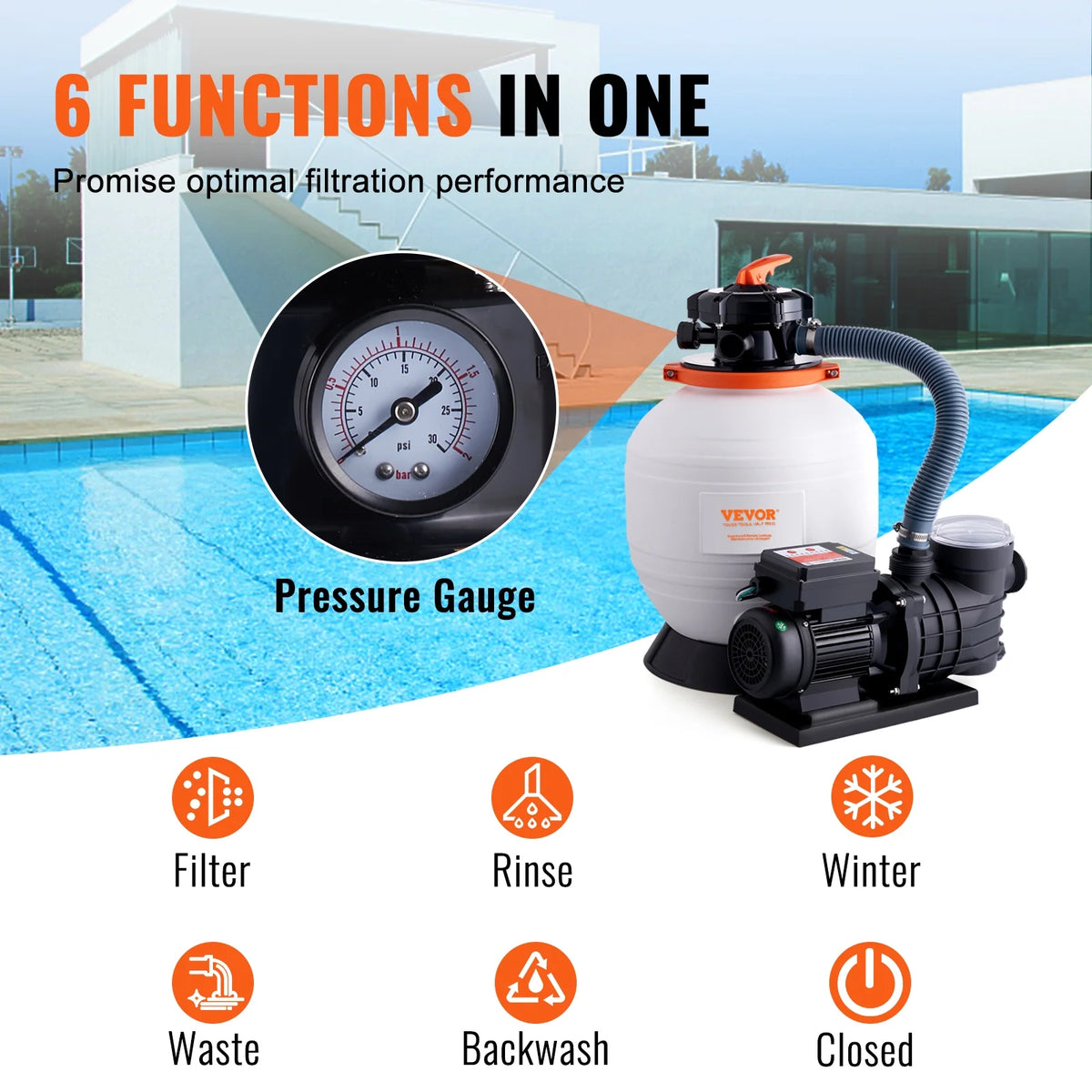 VEVOR Sand Filter Pump for Above Ground Pools,14-inch, 3000 GPH, 3/4 HP Swimming Pool Pumps System & Filters Combo Set with 6-Way Multi-Port Valve & Strainer Basket,for Domestic and Commercial Pools
