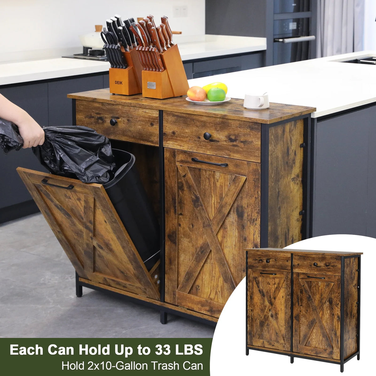 Pirecart 20 Gallon Double Tilt Out Trash Cabinet Wood Hidden Storage Cabinet, Recycling Cabinet with 2 Drawers, Black