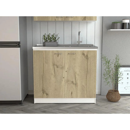 Depot E-Shop Salento Freestanding Sink With Double Door Cabinet, 2 Shelves, White/Light Oak